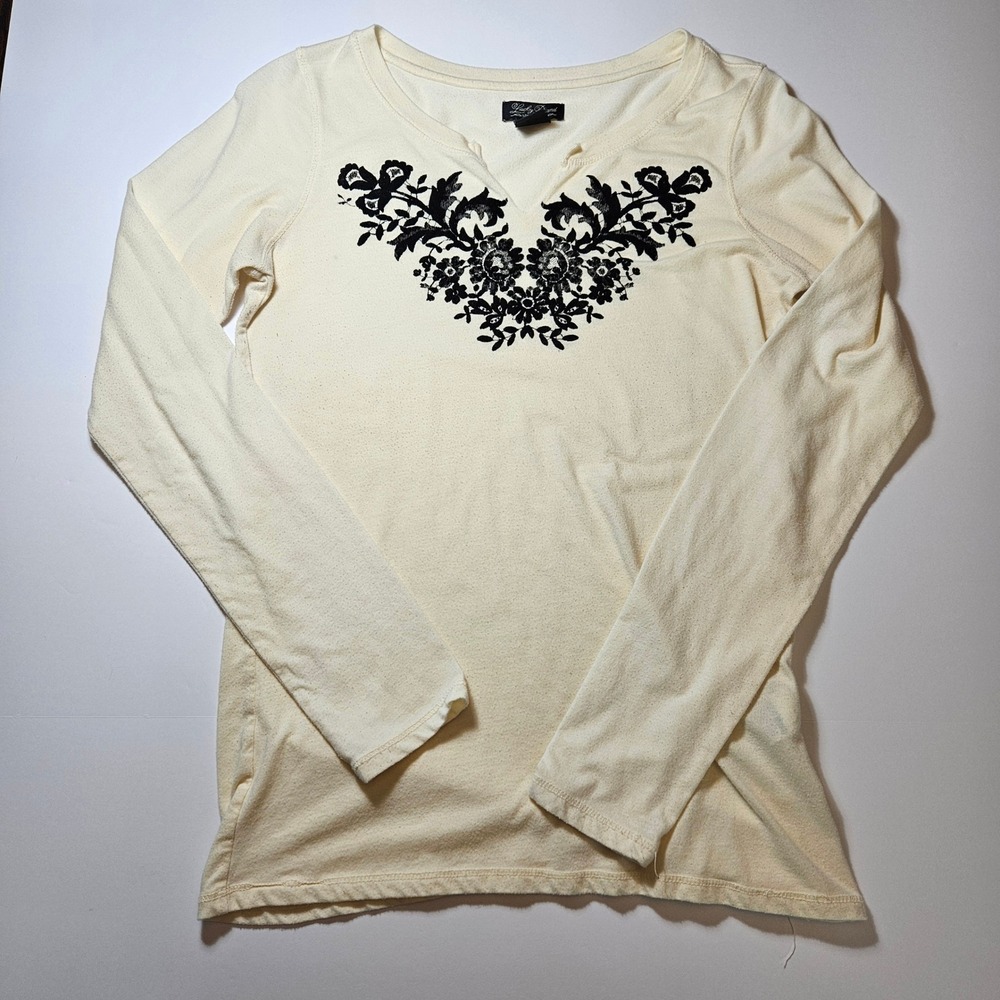 Lucky Brand Womens Cream Long Sleeve Floral Graphic Split Neck Top Size M